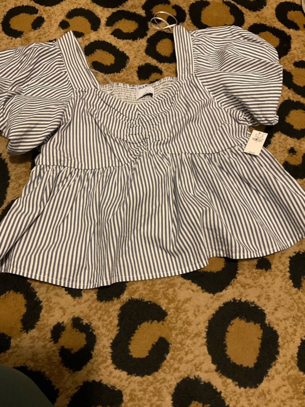 Old Navy Blue & White Striped Puff-Sleeve Peplum Top